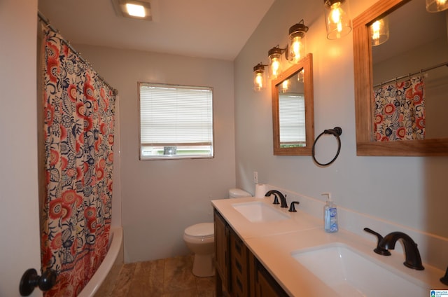 full bathroom with shower / bathtub combination with curtain, dual vanity, tile patterned flooring, and toilet