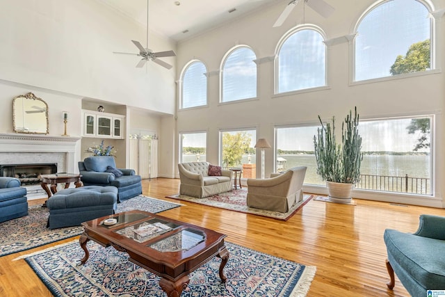 living room featuring ceiling fan, ornamental molding, and light hardwood / wood-style floors