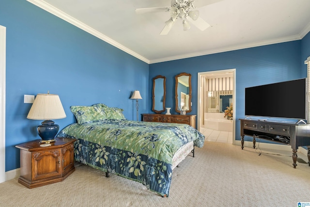 bedroom featuring connected bathroom, crown molding, ceiling fan, and carpet