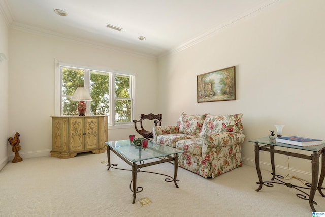 carpeted living room featuring ornamental molding