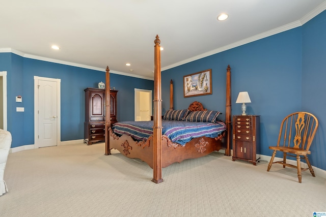 bedroom with light colored carpet and ornamental molding