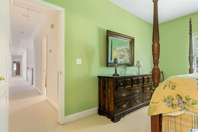 carpeted bedroom with crown molding