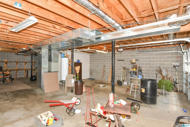 basement featuring water heater and heating unit