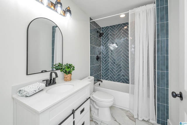 full bathroom with shower / bath combination with curtain, toilet, tile patterned floors, and vanity