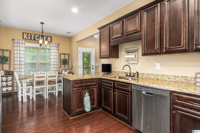 kitchen with light stone countertops, a sink, dark wood-type flooring, dark brown cabinetry, and dishwasher