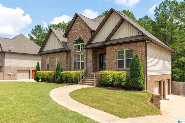 craftsman-style house featuring roof with shingles, an attached garage, a front lawn, concrete driveway, and brick siding