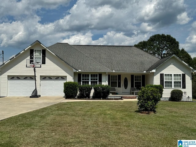 ranch-style home with a garage and a front yard