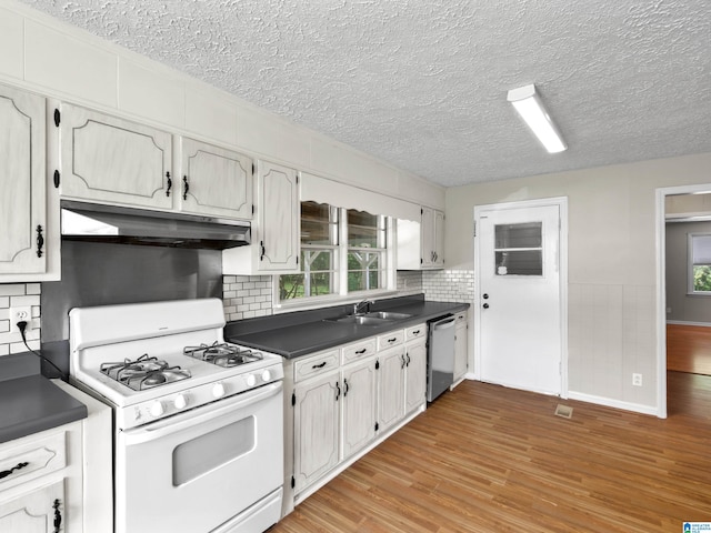 kitchen with light hardwood / wood-style flooring, white gas range oven, tasteful backsplash, and dishwasher