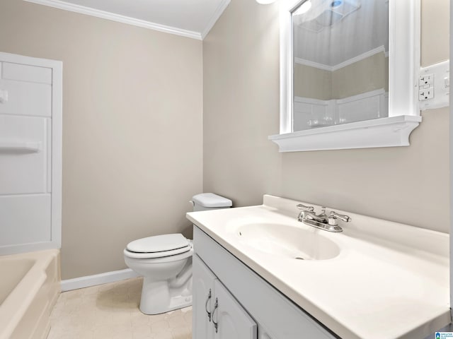 bathroom featuring vanity, toilet, and ornamental molding