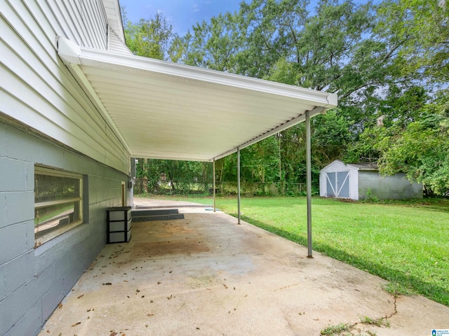 view of patio with a storage unit