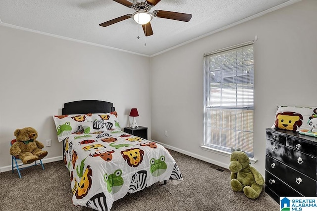 bedroom featuring ceiling fan, carpet flooring, and ornamental molding