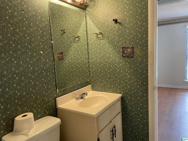 bathroom featuring toilet, a textured ceiling, vanity, and wood-type flooring