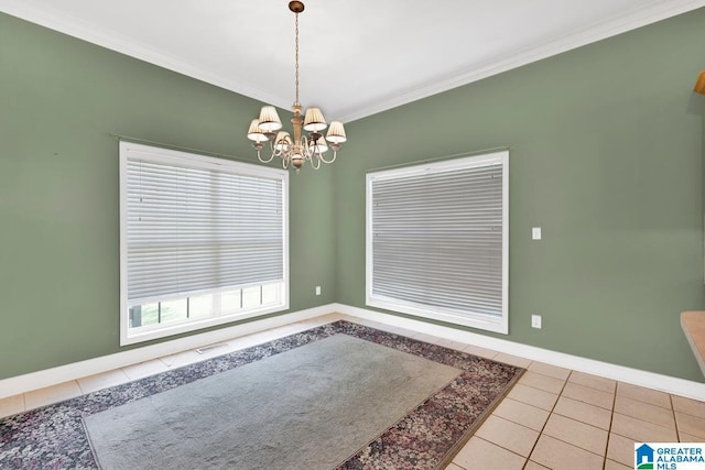 unfurnished dining area featuring crown molding, light tile patterned floors, and a notable chandelier