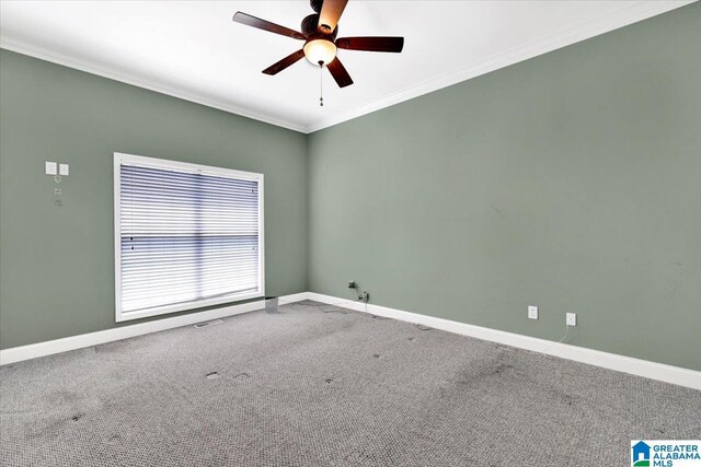 unfurnished room with carpet flooring, ceiling fan, and ornamental molding