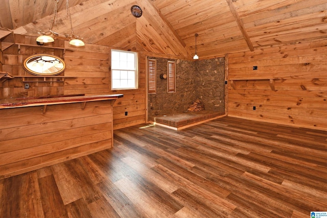 unfurnished living room with wood ceiling, vaulted ceiling, wood walls, and hardwood / wood-style flooring