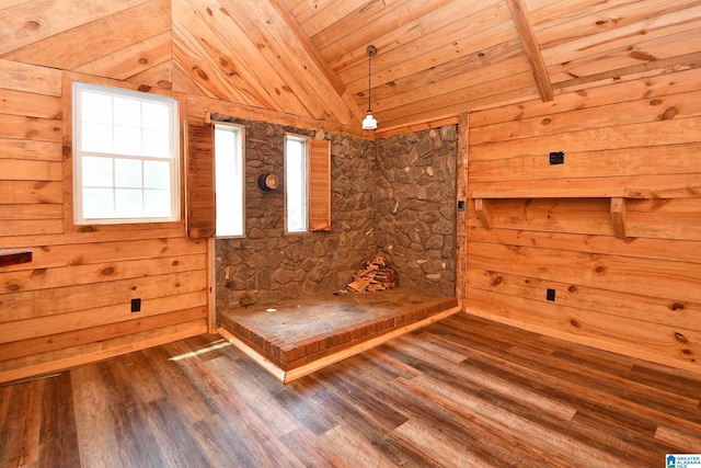 interior space featuring wooden ceiling, wood-type flooring, wood walls, and lofted ceiling