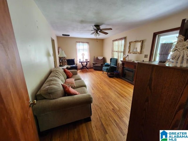 living room with ceiling fan and light hardwood / wood-style floors