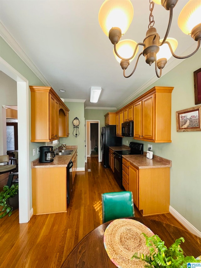 kitchen with sink, ornamental molding, dark hardwood / wood-style flooring, and black appliances