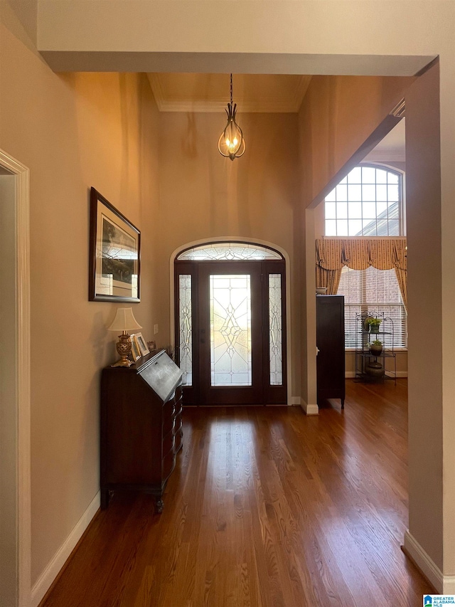 foyer entrance with a high ceiling, crown molding, and dark hardwood / wood-style flooring