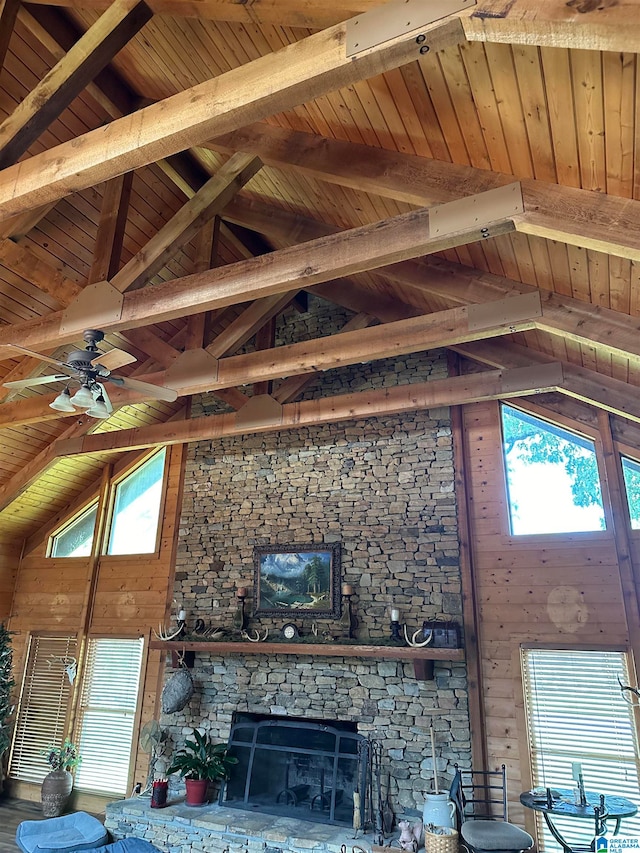 unfurnished living room with wooden ceiling, beam ceiling, a stone fireplace, and wooden walls