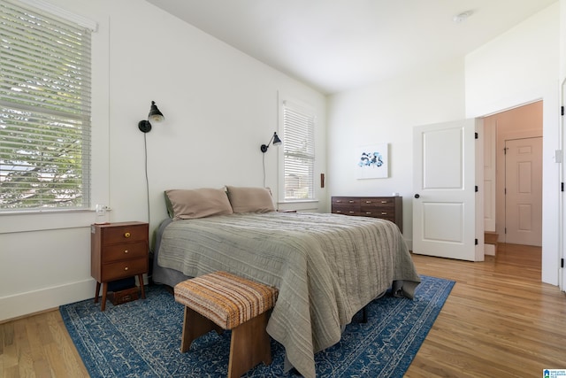 bedroom featuring multiple windows and light hardwood / wood-style flooring