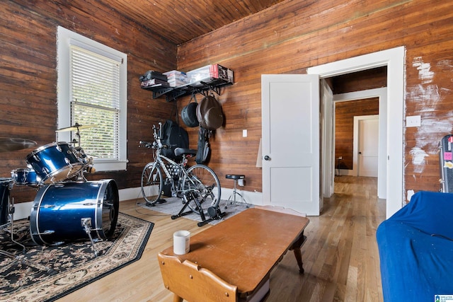 workout room with hardwood / wood-style flooring and wooden walls