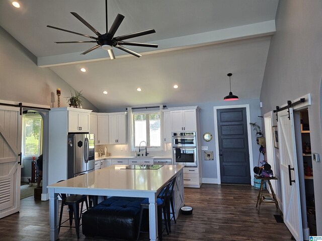 kitchen featuring a barn door, stainless steel appliances, dark hardwood / wood-style flooring, and white cabinetry