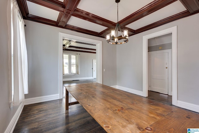 unfurnished dining area with coffered ceiling, dark wood-type flooring, a notable chandelier, and crown molding