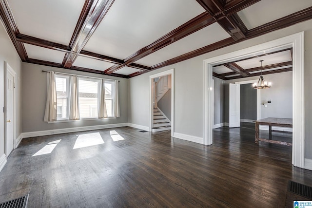 unfurnished room featuring beam ceiling, an inviting chandelier, dark hardwood / wood-style floors, and coffered ceiling