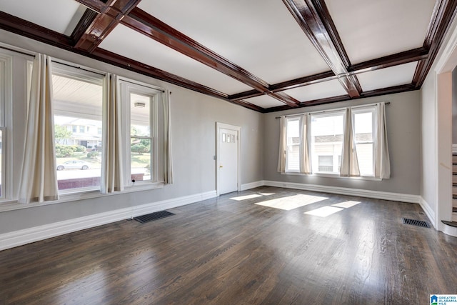 unfurnished living room featuring dark hardwood / wood-style floors, coffered ceiling, and a healthy amount of sunlight