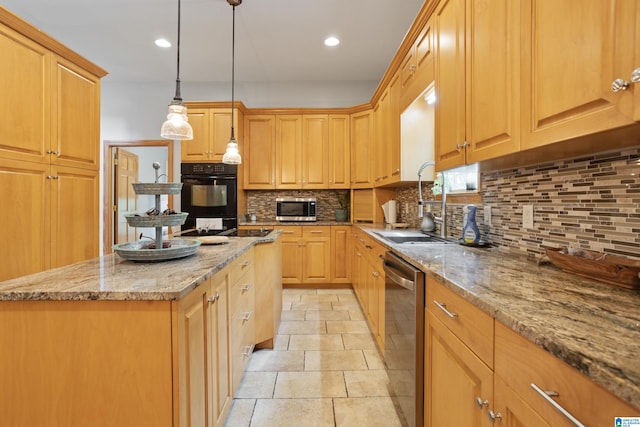 kitchen with appliances with stainless steel finishes, tasteful backsplash, sink, pendant lighting, and light tile patterned flooring