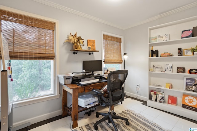 home office with ornamental molding and light tile patterned floors