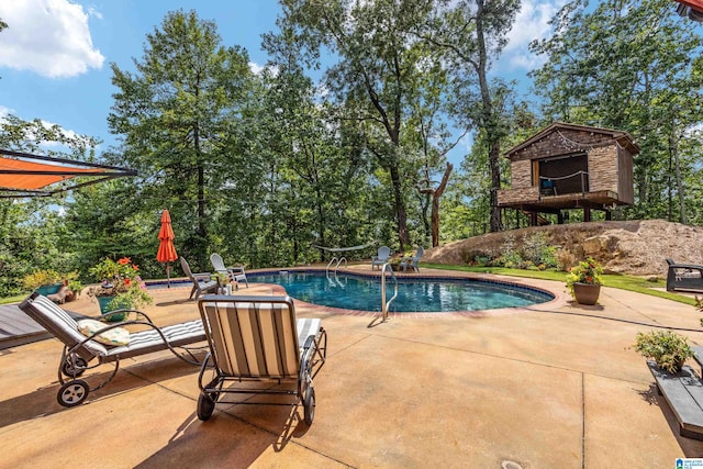 view of swimming pool featuring a patio