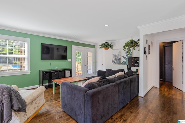 living room with crown molding and dark hardwood / wood-style floors