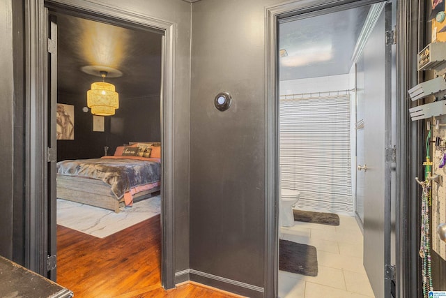 hall featuring ornamental molding and light hardwood / wood-style flooring