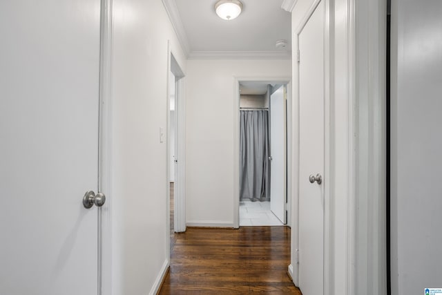 hallway featuring ornamental molding and hardwood / wood-style flooring