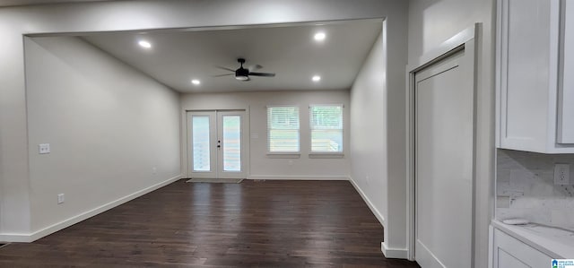 interior space with french doors, ceiling fan, and dark hardwood / wood-style floors