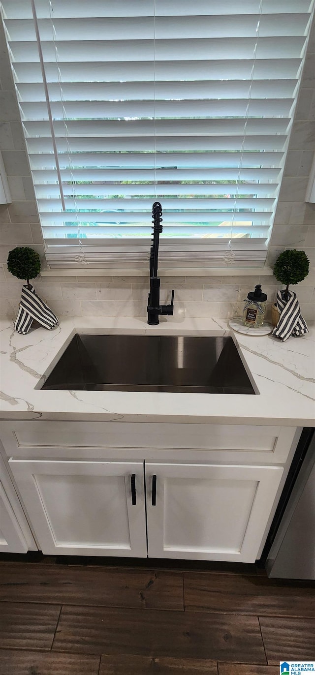 details featuring white cabinets, light stone countertops, dark hardwood / wood-style flooring, and sink