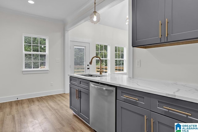 kitchen with a wealth of natural light, light stone countertops, gray cabinetry, stainless steel dishwasher, and a sink