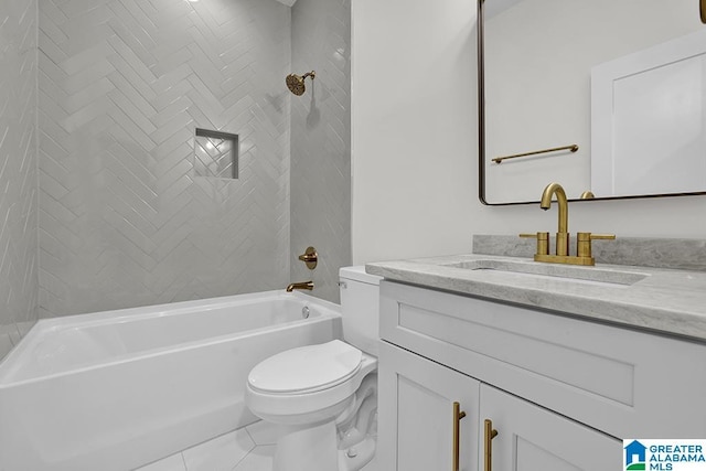 bathroom featuring  shower combination, vanity, toilet, and tile patterned floors