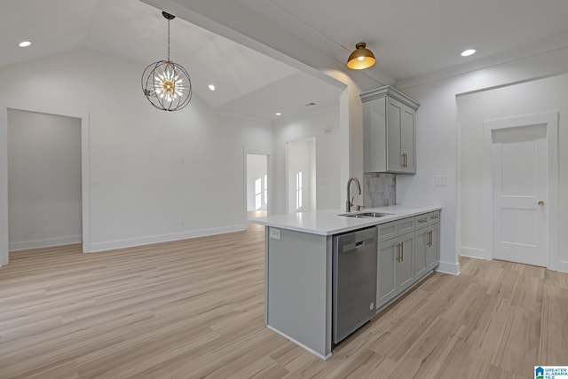 kitchen featuring lofted ceiling, sink, gray cabinets, dishwasher, and decorative backsplash