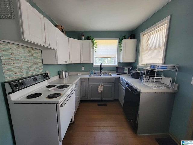 kitchen featuring decorative backsplash, electric stove, gray cabinets, wood-type flooring, and sink