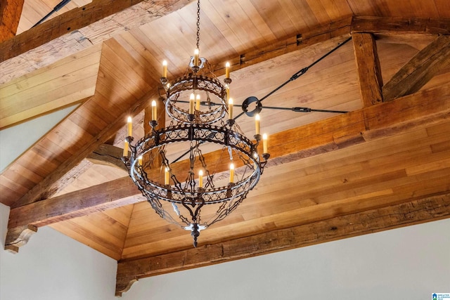 details featuring wooden ceiling, beam ceiling, and a notable chandelier