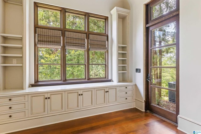 interior space featuring built in features, plenty of natural light, and dark wood-type flooring