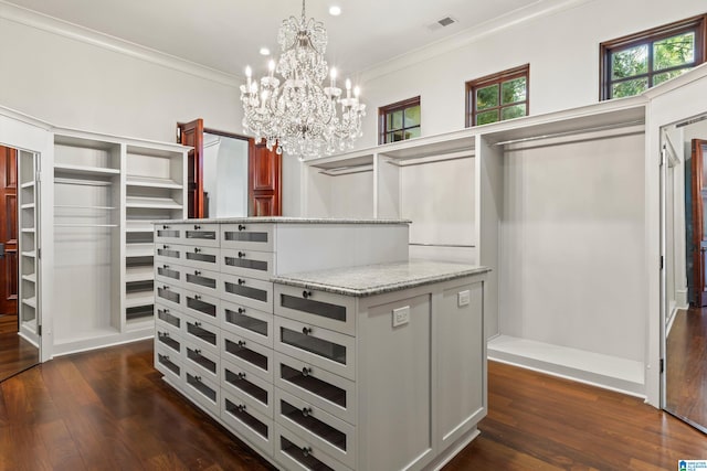 spacious closet featuring a notable chandelier and dark hardwood / wood-style flooring