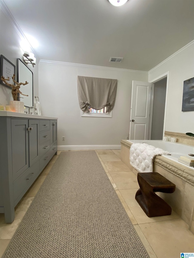 bathroom with tile patterned floors, crown molding, and vanity