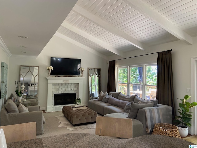 living room featuring light carpet, lofted ceiling with beams, and a brick fireplace