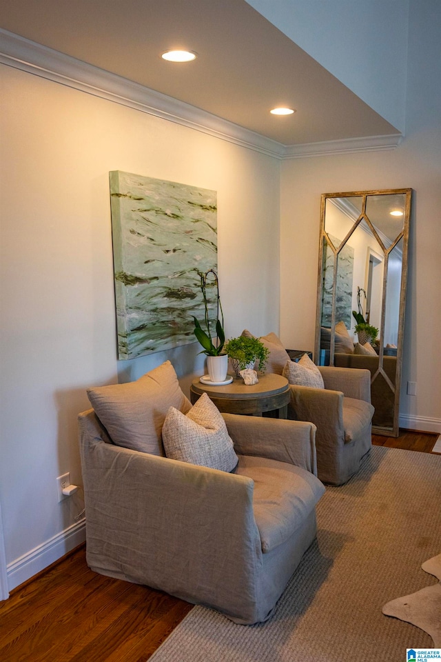 interior space featuring crown molding and dark hardwood / wood-style floors