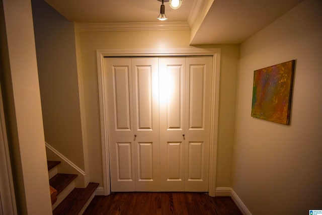 hallway featuring crown molding and dark hardwood / wood-style flooring