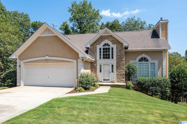 view of front of property featuring a front yard and a garage